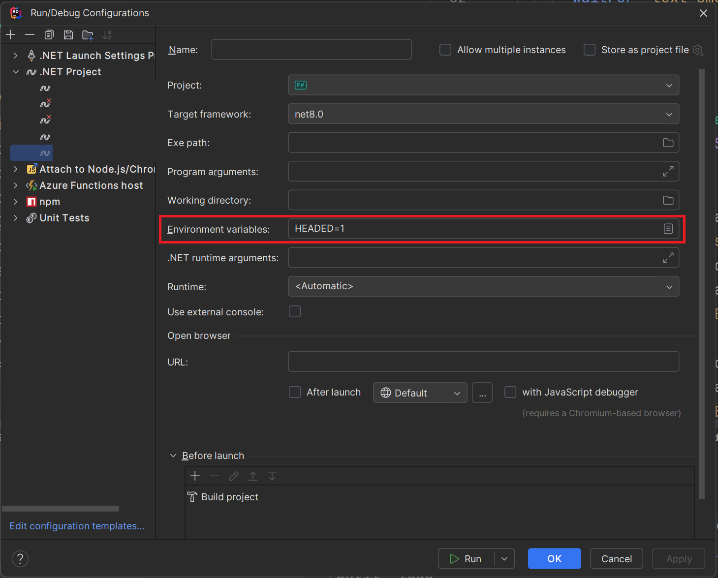 JetBrains Rider Run Configuration